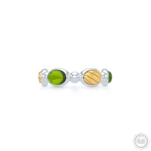 Green Peridot  Gemstone Eternity, Anniversary, Stackable Ring Band. Handcrafted in two tone gold. White Gold Band and Yellow Gold accents.  Free Shipping on all USA orders. 30 Day Returns. BASHERT JEWELRY | Boca Raton, Florida
