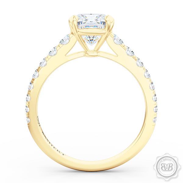Classic Four Split Prong Cushion Cut Diamond Solitaire Engagement Ring. Handcrafted in Classic Yellow Gold, GIA Certified Diamond and French Pavé set Diamond shoulders. Free Shipping for All USA Orders. 30Day Returns | BASHERT JEWELRY | Boca Raton, Florida