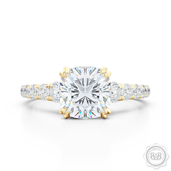 Classic Four Split Prong Cushion Cut Moissanite Solitaire Engagement Ring. Handcrafted in Classic Yellow Gold. Charles & Colvard Forever One,  Colorless Moissanite. French Pavé set Diamond shoulders. Free Shipping for All USA Orders. 30-Day Returns | BASHERT JEWELRY | Boca Raton, Florida.