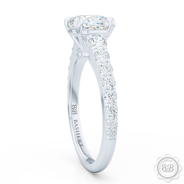 Classic Four Split Prong Cushion Cut Diamond Solitaire Engagement Ring. Handcrafted in White Gold or Precious Platinum, GIA Certified Diamond and French Pavé set Diamond shoulders. Free Shipping for All USA Orders. 30Day Returns | BASHERT JEWELRY | Boca Raton, Florida