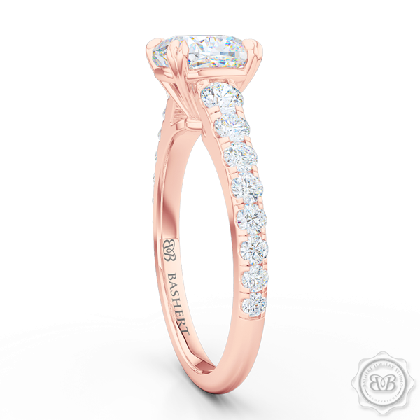 Classic Four Split Prong Cushion Cut Diamond Solitaire Engagement Ring. Handcrafted in Romantic Rose Gold, GIA Certified Diamond and French Pavé set Diamond shoulders. Free Shipping for All USA Orders. 30Day Returns | BASHERT JEWELRY | Boca Raton, Florida