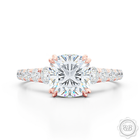 Classic Four Split Prong Cushion Cut Moissanite Solitaire Engagement Ring. Handcrafted in Romantic Rose Gold. Charles & Colvard Forever One,  Colorless Moissanite. French Pavé set Diamond shoulders. Free Shipping for All USA Orders. 30-Day Returns | BASHERT JEWELRY | Boca Raton, Florida.