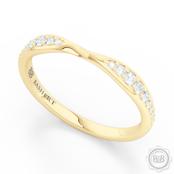 Twist Diamond Wedding Band.  Softly tapered shoulders of the ring are elegantly twisted and slightly pinched-in together and adorned with Round Brilliant Diamonds. The Perfect Compliment for Your Engagement Ring. Free Shipping on All USA Orders. 30 Day Returns | BASHERT JEWELRY | Boca Raton Florida