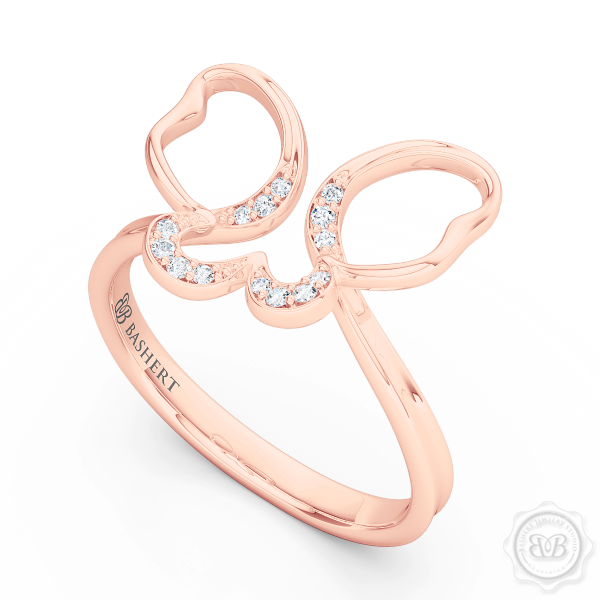 Handcrafted Fashion Infinity Ring. Open Butterfly Wings Frosted with Round Brilliant Diamonds. Style it with Gems of Your Choice. Available in 14K or 18K Rose Gold. Free Shipping to all USA. 30Day Returns. BASHERT JEWELRY | Boca Raton, Florida