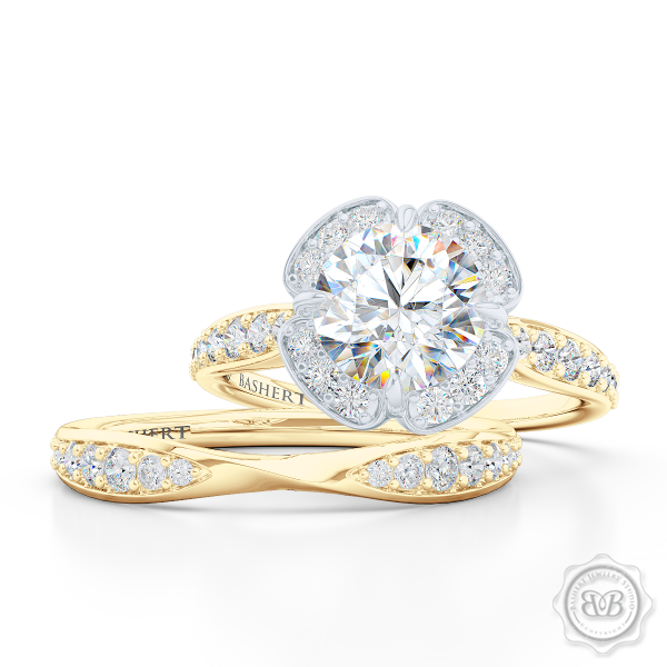 Exquisite round East-West Halo engagement ring. Crafted in Classic Yellow Gold and Platinum. Charles & Colvard Round Brilliant Forever One Moissanite.  Elegant bead-set Diamond encrusted shoulders. Free Shipping USA. 30-Day Returns | BASHERT JEWELRY | Boca Raton, Florida.
