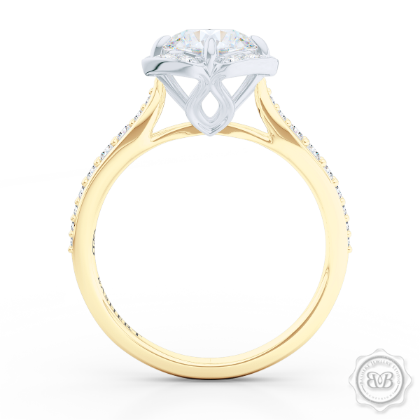 Exquisite round East-West Halo engagement ring. Crafted in Classic Yellow Gold and Platinum. GIA certified Round Diamond.  Elegant bead-set Diamond encrusted shoulders. Free Shipping USA. 30-Day Returns | BASHERT JEWELRY | Boca Raton, Florida