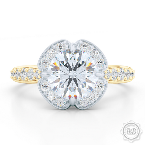 Exquisite round East-West Halo engagement ring. Crafted in Classic Yellow Gold and Platinum. Charles & Colvard Round Brilliant Forever One Moissanite.  Elegant bead-set Diamond encrusted shoulders. Free Shipping USA. 30-Day Returns | BASHERT JEWELRY | Boca Raton, Florida.