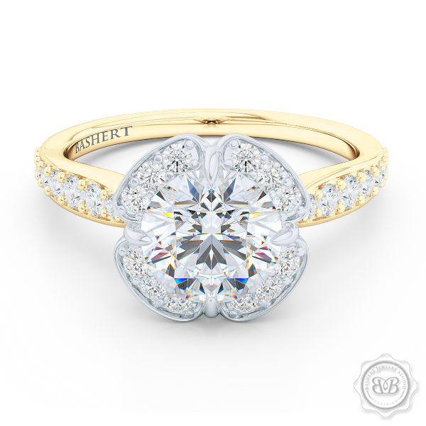 Exquisite Round East-West prongs Halo engagement ring. Crafted in two-tone Classic Yellow Gold and Precious Platinum crown. GIA certified Round Brilliant Diamond. Elegant bead-set Diamond encrusted shoulders. Free Shipping USA. 30-Day Returns | BASHERT JEWELRY | Boca Raton, Florida
