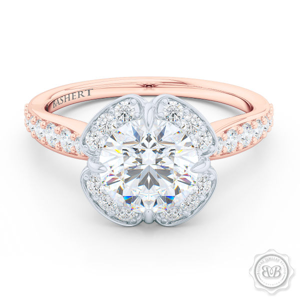 Exquisite round East-West Halo engagement ring. Crafted in Romantic Rose Gold and Platinum. Charles & Colvard Round Brilliant Forever One Moissanite.  Elegant bead-set Diamond encrusted shoulders. Free Shipping USA. 30-Day Returns | BASHERT JEWELRY | Boca Raton, Florida.