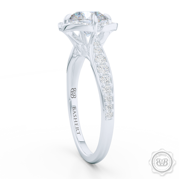 Exquisite round East-West Halo engagement ring. Crafted in White Gold and Platinum. GIA certified Round Diamond.  Elegant bead-set Diamond encrusted shoulders. Free Shipping USA. 30Day Returns | BASHERT JEWELRY | Boca Raton Florida
