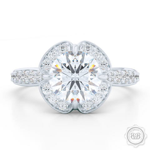 Exquisite round East-West Halo engagement ring. Crafted in White Gold and Platinum. Charles & Colvard Round Brilliant Forever One Moissanite.  Elegant bead-set Diamond encrusted shoulders. Free Shipping USA. 30-Day Returns | BASHERT JEWELRY | Boca Raton, Florida.