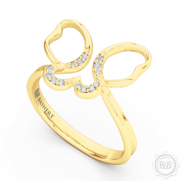 Handcrafted Fashion Infinity Ring. Open Butterfly Wings Frosted with Round Brilliant Diamonds. Style it with Gems of Your Choice. Available in 14K or 18K Yellow Gold. Free Shipping to all USA. 30Day Returns. BASHERT JEWELRY | Boca Raton, Florida