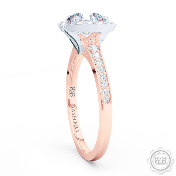 Elegant Round Brilliant, Forever One Moissanite Halo Engagement Ring Inspired by Paris Architecture. Handcrafted in two-tone Rose Gold and Platinum. Dazzling Bead-Set Crown and Baby-Split Diamond Shoulders. Free Shipping USA 30-Day Returns | BASHERT JEWELRY | Boca Raton, Florida