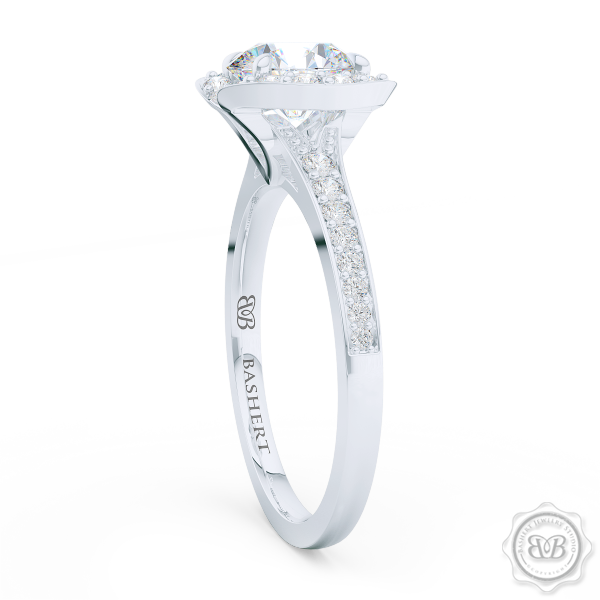 Elegant Round Diamond Halo Engagement Ring Inspired by Paris Architecture. Handcrafted in White Gold or Platinum. Dazzling Bead-Set Crown and Baby-Split Diamond Shoulders. GIA Certified Diamond. Free Shipping USA 30-Day Returns | BASHERT JEWELRY | Boca Raton, Florida