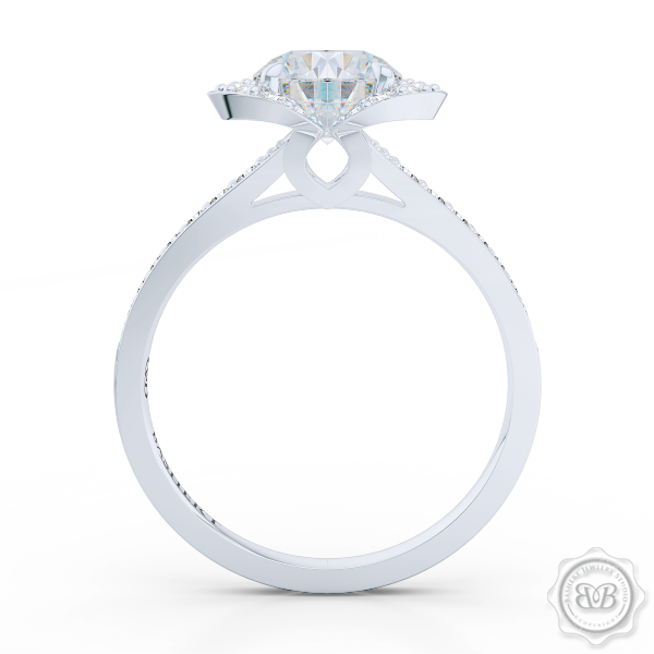 Elegant Round Brilliant, Forever One Moissanite Halo Engagement Ring Inspired by Paris Architecture. Handcrafted in White Gold or Platinum. Dazzling Bead-Set Crown and Baby-Split Diamond Shoulders. Free Shipping USA 30-Day Returns | BASHERT JEWELRY | Boca Raton, Florida