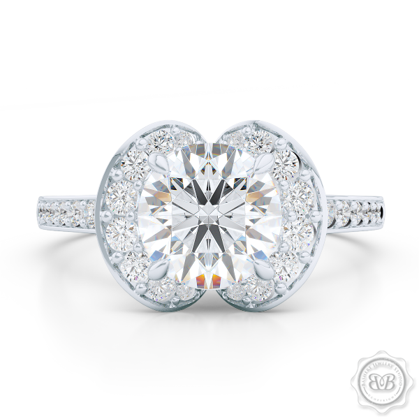 Elegant Round Brilliant, Forever One Moissanite Halo Engagement Ring Inspired by Paris Architecture. Handcrafted in White Gold or Platinum. Dazzling Bead-Set Crown and Baby-Split Diamond Shoulders. Free Shipping USA 30-Day Returns | BASHERT JEWELRY | Boca Raton, Florida