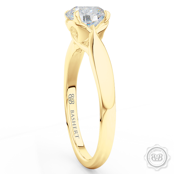 Award-Winning Solitaire Engagement Ring Design. Classic Round Solitaire Handcrafted in Classic Yellow Gold. Signature "Infinity Heart" Crown Accentuated by Gently Tapered Shoulders. Forever One Round Brilliant Moissanite.  Free Shipping USA. 30-Day Returns | BASHERT JEWELRY | Boca Raton, Florida