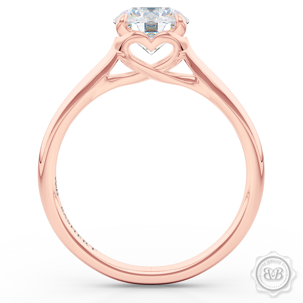 Award-Winning Solitaire Engagement Ring Design. Classic Round Solitaire Handcrafted in Romantic Rose Gold. Signature "Infinity Heart" Crown Accentuated by Gently Tapered Shoulders. Forever One Round Brilliant Moissanite.  Free Shipping USA. 30-Day Returns | BASHERT JEWELRY | Boca Raton, Florida