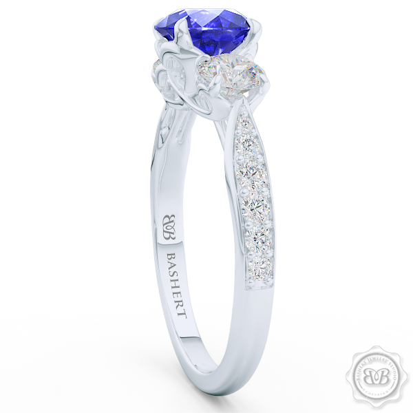 Classic Three-Stone "Infinity Hearts" Sapphire Engagement Ring. Handcrafted in White Gold or Precious Platinum. Royal Blue Sapphire and GIA Certified Diamond Accent Stones. Celebrate Your Past-Present-Future with This Award-Winning Design. Free Shipping USA.  30Day Returns | BASHERT JEWELRY | Boca Raton Florida