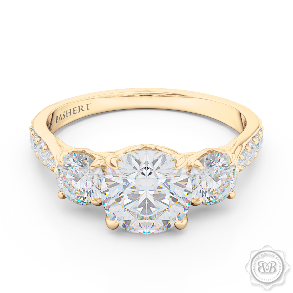 Three-Stone Open Hearts Engagement Ring. Handcrafted in Classic Yellow Gold. GIA Certified Diamond. Celebrate Your Past-Present-Future with our Award-Winning Design.  Free Shipping USA.  30Day Returns | BASHERT JEWELRY | Boca Raton Florida