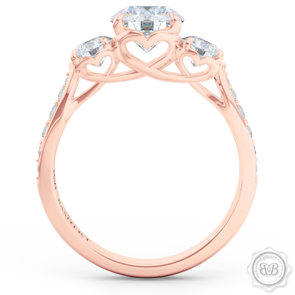 Three-Stone Open Hearts Engagement Ring. Handcrafted in Romantic Rose Gold. GIA Certified Diamond. Celebrate Your Past-Present-Future with our Award-Winning Design.  Free Shipping USA.  30Day Returns | BASHERT JEWELRY | Boca Raton Florida