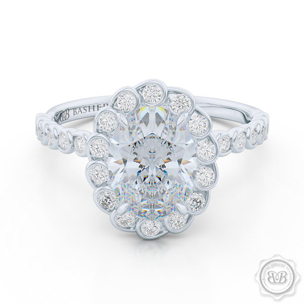 Elegant Diamond Halo Engagement Ring. Handcrafted in White Gold or Precious Platinum. Stunning Bezel-Set Diamonds Encrusted Halo crown fashioned as delicate Ocean waves. Free Shipping USA. 30-Day Returns | BASHERT JEWELRY | Boca Raton, Florida.