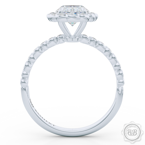 Luscious Oval Cut FOREVER ONE Moissanite Halo Engagement Ring, Crafted in White Gold or Platinum. Stunning Halo Crown of Bezel-Set Diamonds Encrusted in Elegant Ocean Swirls. Free Shipping USA. 30-Day Returns | BASHERT JEWELRY | Boca Raton, Florida