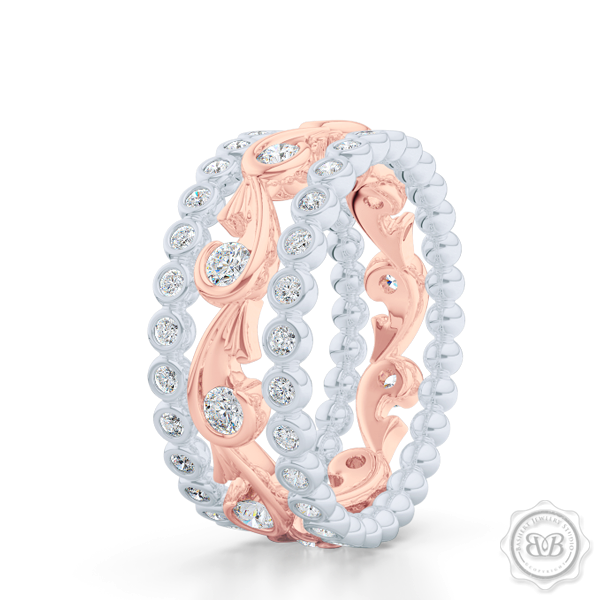 Rose-Vine Inspired, Three-Row Eternity Diamond Band. Elegantly Crafted in Two-Tone Rose Gold and White Gold, Encrusted with Round Brilliant Diamonds. Free Shipping for All USA Orders. 30Day Returns | BASHERT JEWELRY | Boca Raton, Florida