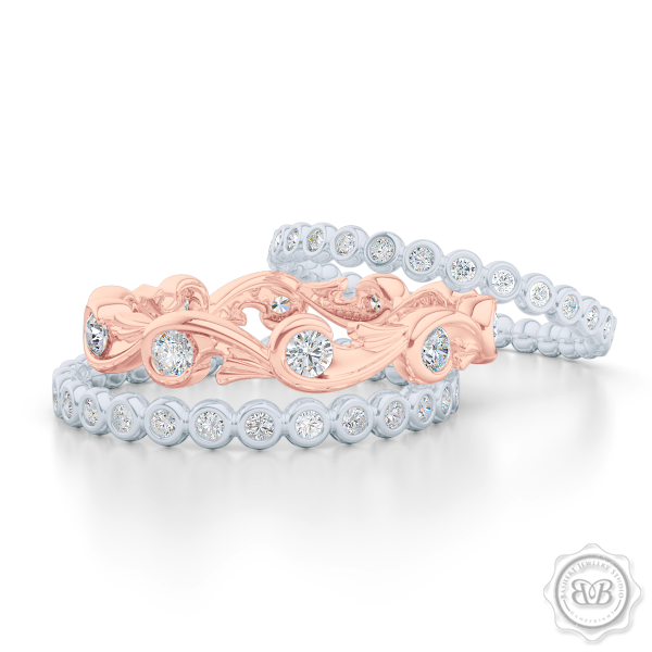 Rose-Vine Inspired, Three-Row Eternity Diamond Band. Elegantly Crafted in Two-Tone Rose Gold and White Gold, Encrusted with Round Brilliant Diamonds. Free Shipping for All USA Orders. 30Day Returns | BASHERT JEWELRY | Boca Raton, Florida