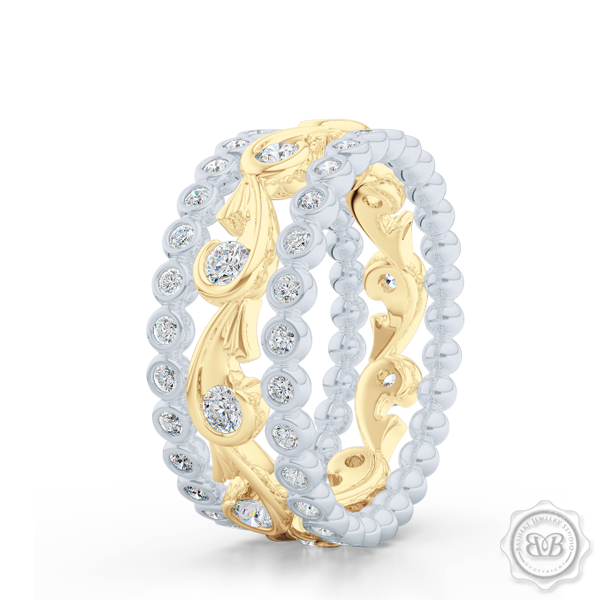 Rose Vine Inspired, Two-Toned Diamond Eternity Band. Elegant, Feminine Lines Gently Hugging Round Diamonds. Classic Yellow Gold and White Gold. Free Shipping for All USA Orders. 30Day Returns | BASHERT JEWELRY | Boca Raton Florida