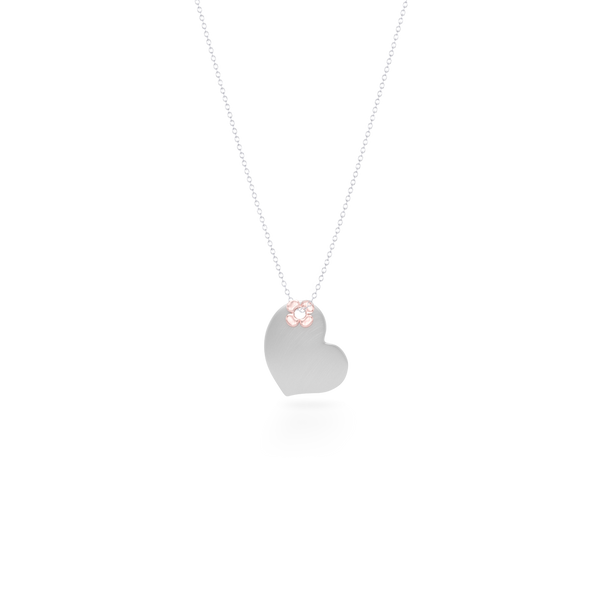 Two-tone gold Heart Pendant Necklace. Hand-fabricated in sustainable. solid White and Rose Gold. Lucky-clover-flower accent. Free Shipping to all USA. 15 Day Returns.  BASHERT JEWELRY | Boca Raton, Florida