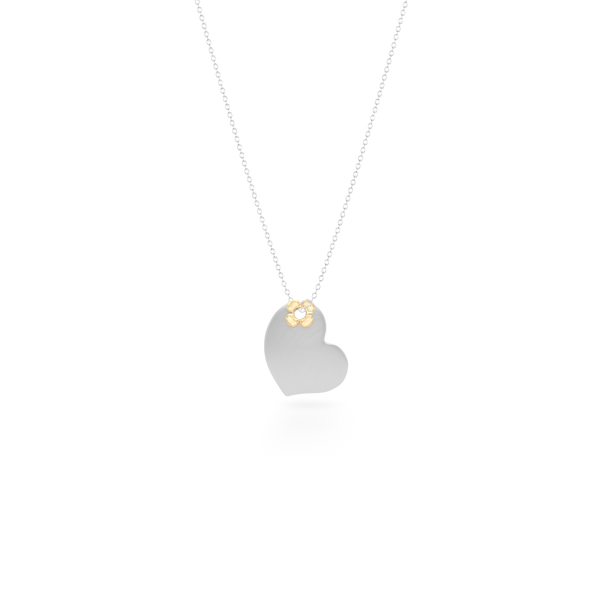 Two-tone gold Heart Pendant Necklace. Hand-fabricated in White and Yellow solid Gold. Lucky-clover-flower accent. Free Shipping to all USA. 15 Day Returns.  BASHERT JEWELRY | Boca Raton, Florida