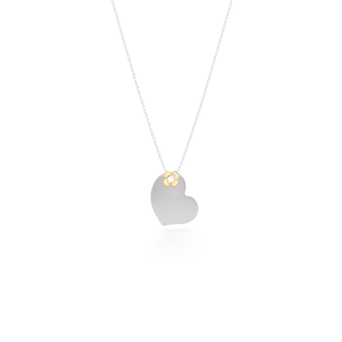 Two-tone gold Heart Pendant Necklace. Hand-fabricated in White and Yellow solid Gold. Lucky-clover-flower accent. Free Shipping to all USA. 15 Day Returns.  BASHERT JEWELRY | Boca Raton, Florida