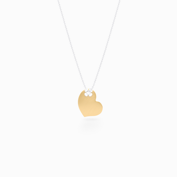Two-tone gold Heart Pendant Necklace. Hand-fabricated in Yellow and White solid Gold. Lucky-clover-flower accent. Free Shipping to all USA. 15 Day Returns.  BASHERT JEWELRY | Boca Raton, Florida