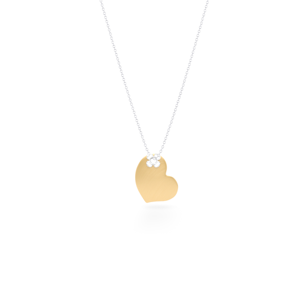 Two-tone gold Heart Pendant Necklace. Hand-fabricated in Yellow and White solid Gold. Lucky-clover-flower accent. Free Shipping to all USA. 15 Day Returns.  BASHERT JEWELRY | Boca Raton, Florida