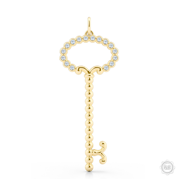 Delicate, Girly Key Pendant Necklace Handcrafted in Classic Yellow Gold. This design is adorned with Round Brilliant Diamonds.  Available in two sizes. Free Shipping USA. 30 Day Returns. Free Silver Chain Option | BASHERT JEWELRY | Boca Raton, Florida