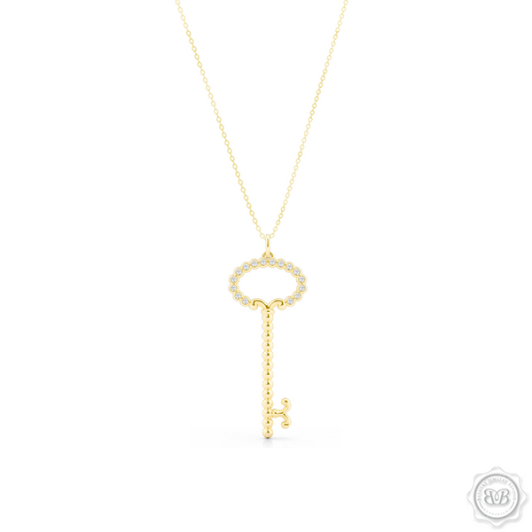 Delicate, Girly Key Pendant Necklace Handcrafted in Classic Yellow Gold. This design is adorned with Round Brilliant Diamonds.  Available in two sizes. Free Shipping USA. 30 Day Returns. Free Silver Chain Option | BASHERT JEWELRY | Boca Raton, Florida