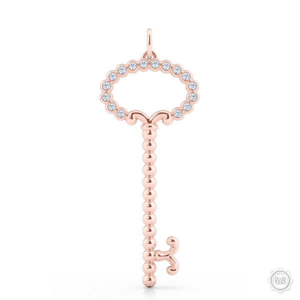 Delicate, Girly Key Pendant Necklace Handcrafted in Romantic Rose Gold. This design is adorned with Round Brilliant Diamonds.  Available in two sizes. Free Shipping USA. 30 Day Returns. Free Silver Chain Option | BASHERT JEWELRY | Boca Raton, Florida