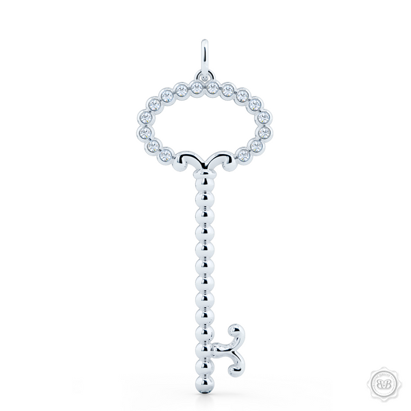 Delicate, Girly Key Pendant Necklace Handcrafted in Sterling Silver or White Gold. This design is adorned with Round Brilliant Diamonds.  Available in two sizes. Free Shipping USA. 30 Day Returns. Free Silver Chain Option | BASHERT JEWELRY | Boca Raton, Florida