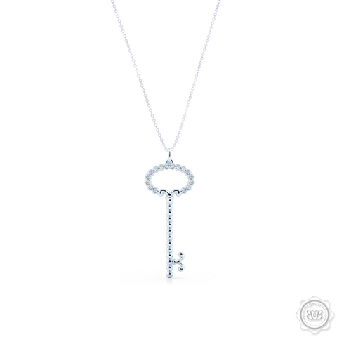 Delicate, Girly Key Pendant Necklace Handcrafted in Sterling Silver or White Gold. This design is adorned with Round Brilliant Diamonds.  Available in two sizes. Free Shipping USA. 30 Day Returns. Free Silver Chain Option | BASHERT JEWELRY | Boca Raton, Florida