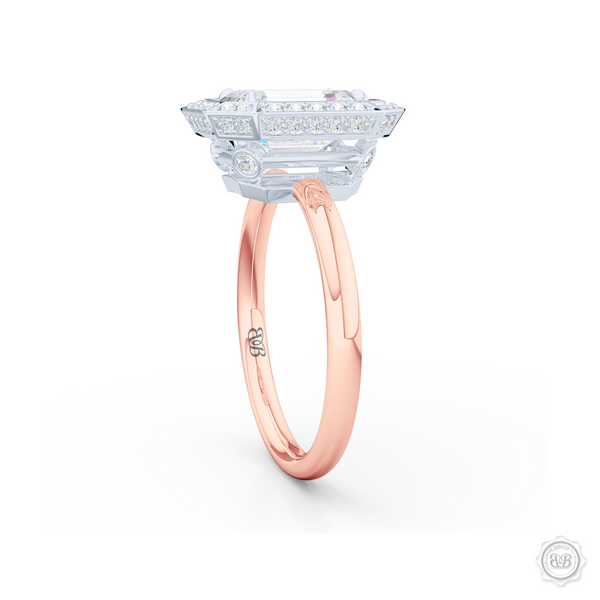 Decadent Emerald-cut Diamond Halo Engagement Ring. Crafted in two-tone Rose Gold and Platinum. GIA certified Diamond. Streamlined appeal with a bold, modern look.  Free Shipping USA. 30-Day Returns | BASHERT JEWELRY | Boca Raton, Florida.