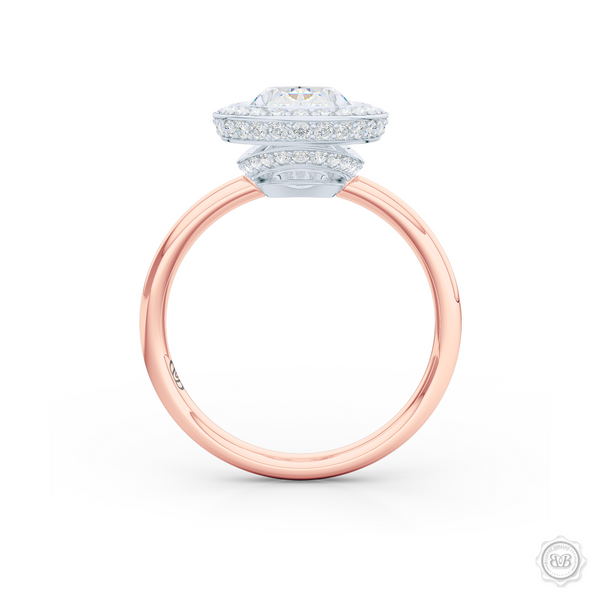 Luscious Oval-cut Diamond Halo Engagement Ring. Crafted in two-tone Rose Gold and Platinum. GIA certified Diamond. Streamlined appeal with a bold, modern look.  Free Shipping USA. 30-Day Returns | BASHERT JEWELRY | Boca Raton, Florida.