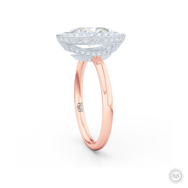 Luscious Oval-cut Diamond Halo Engagement Ring. Crafted in two-tone Rose Gold and Platinum. GIA certified Diamond. Streamlined appeal with a bold, modern look.  Free Shipping USA. 30-Day Returns | BASHERT JEWELRY | Boca Raton, Florida.