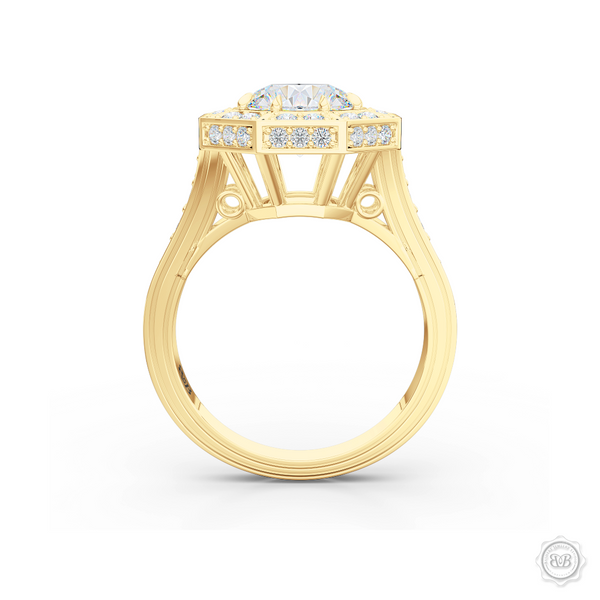 Decadent Octagonal Halo Engagement Ring. Crafted in Classic Yellow Gold.  GIA certified Round Brilliant Diamond. Luxurious appeal with bold modern look. Free Shipping USA. 30-Day Returns | BASHERT JEWELRY | Boca Raton, Florida.