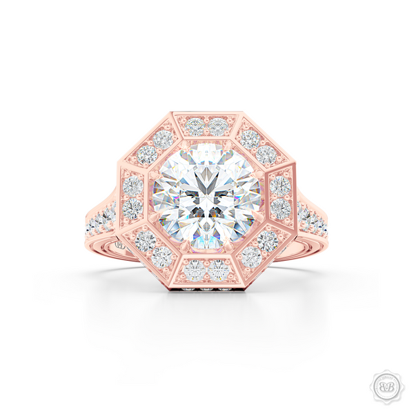 Decadent Octagonal Halo Engagement Ring. Crafted in Romantic Rose Gold.  GIA certified Round Brilliant Diamond. Luxurious appeal with bold modern look. Free Shipping USA. 30-Day Returns | BASHERT JEWELRY | Boca Raton, Florida.