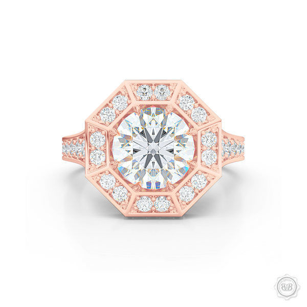 Decadent Octagonal Halo Engagement Ring. Crafted in Romantic Rose Gold.  GIA certified Round Brilliant Diamond. Luxurious appeal with bold modern look. Free Shipping USA. 30-Day Returns | BASHERT JEWELRY | Boca Raton, Florida.
