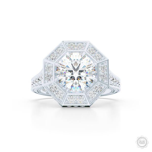 Decadent Octagonal Halo Engagement Ring. Crafted in White Gold or Platinum.  GIA certified Round Brilliant Diamond. Luxurious appeal with bold modern look. Free Shipping USA. 30-Day Returns | BASHERT JEWELRY | Boca Raton, Florida.