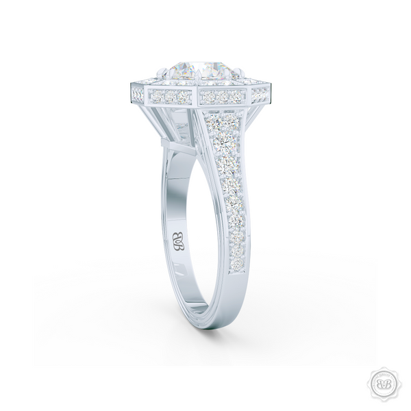 Decadent Octagonal Halo Engagement Ring. Crafted in White Gold or Platinum.  GIA certified Round Brilliant Diamond. Luxurious appeal with bold modern look. Free Shipping USA. 30-Day Returns | BASHERT JEWELRY | Boca Raton, Florida.