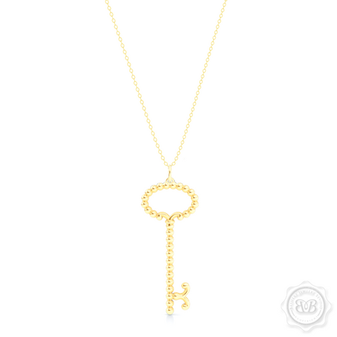 Delicate, Girly Key Pendant Necklace. Handcrafted in Classic Yellow Gold. Available in three sizes. Free Shipping USA. 30 Day Returns. Free Silver Chain Option  | BASHERT JEWELRY | Boca Raton, Florida