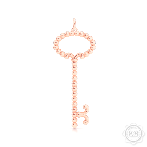 Delicate, Girly Key Pendant Necklace. Handcrafted in Romantic Rose Gold. Available in three sizes. Free Shipping USA. 30 Day Returns. Free Silver Chain Option  | BASHERT JEWELRY | Boca Raton, Florida